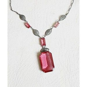 Antique ART DECO Silver Tone PINK CZECH Glass Filigree Necklace